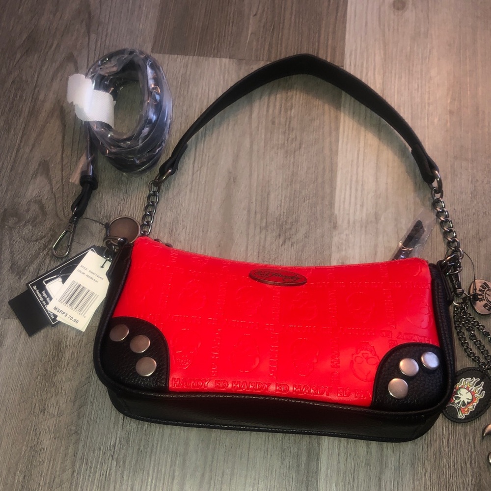 Ed Hardy Red & Black Faux Leather Shoulder Bag Embossed Skull & Logo Accents NWT
